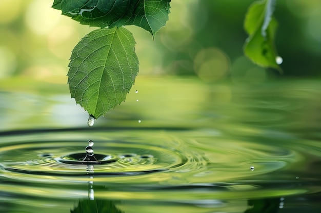 Uma imagem harmoniosa emana de gotas de água sobre uma lagoa isolada e uma folha verde caindo de uma árvore linda lagoa e espaço IA generativa