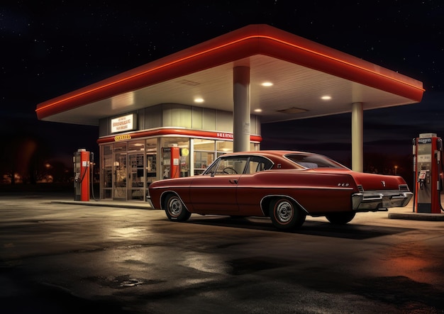 Uma imagem hiper-realista de um carro reabastecendo em um posto de gasolina com todos os detalhes meticulosamente