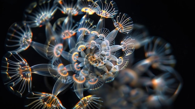 Uma imagem hipnotizante de uma de minúsculas criaturas transparentes nadando juntas em uma formação em espiral cada