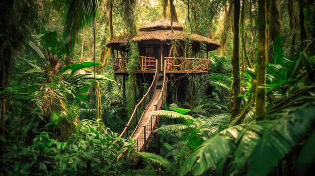 Uma imagem hipnotizante de uma luxuosa casa na árvore aninhada entre o dossel exuberante da selva, oferecendo uma fuga isolada e serena