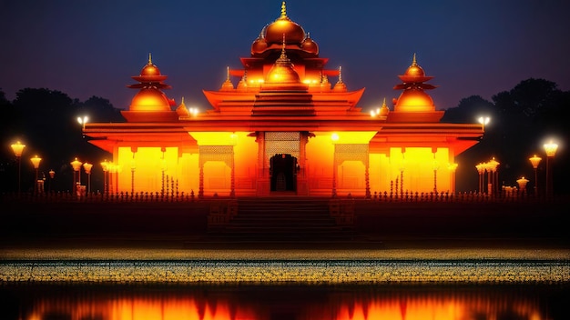 Uma imagem iluminada de um templo com as luzes acesas.