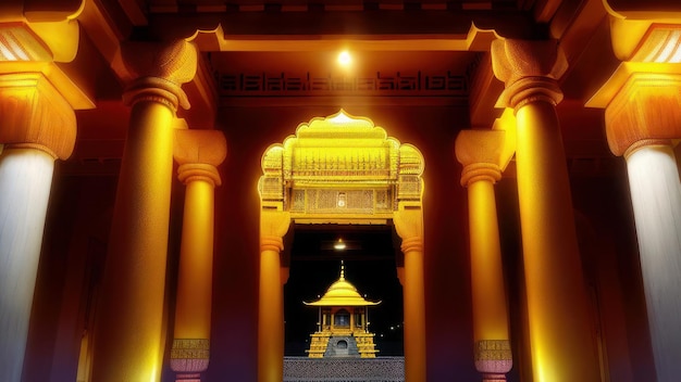 Foto uma imagem iluminada de um templo com um portão dourado no meio.