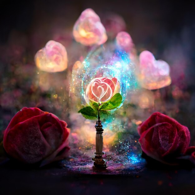 Uma imagem iluminada de uma flor com um coração