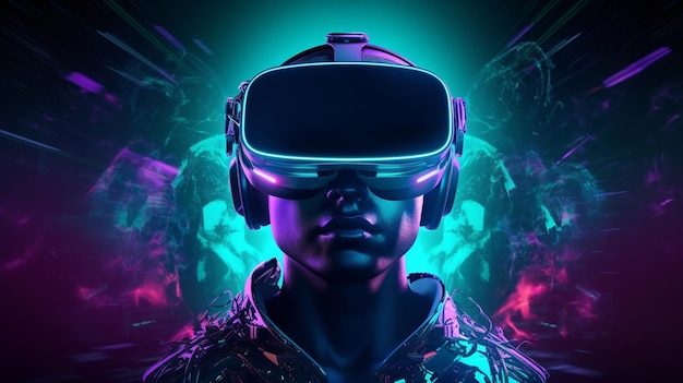 Uma imagem iluminada em neon de um homem usando um fone de ouvido de realidade virtual.