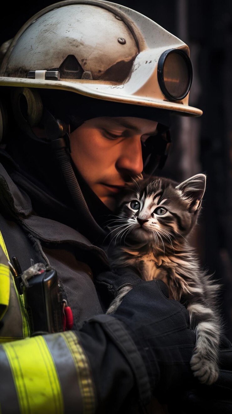 Foto uma imagem impressionante de um bombeiro resgatando um gatinho assustado de um prédio em chamas