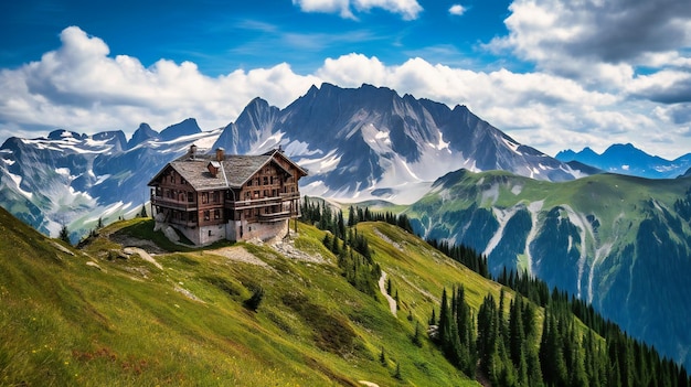 Uma imagem impressionante de um chalé de montanha sofisticado exalando um ar de exclusividade e requinte em meio a um cenário alpino inspirador