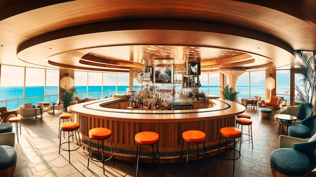 Uma imagem impressionante de um elegante bar e lounge na cobertura de um luxuoso hotel à beira-mar com vista panorâmica do mar e uma atmosfera moderna