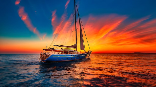 Uma imagem impressionante de um iate de luxo navegando por águas cristalinas durante um belo pôr do sol