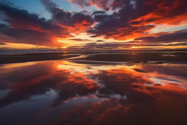 Foto uma imagem impressionante de um pôr-do-sol vibrante com nuvens refletidas na areia molhada durante a maré baixa