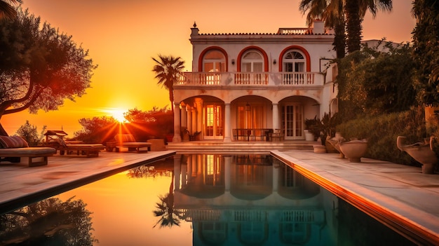 Uma imagem impressionante de uma elegante villa à beira-mar com uma área de piscina lindamente projetada, capturando a magia de um pôr do sol de verão