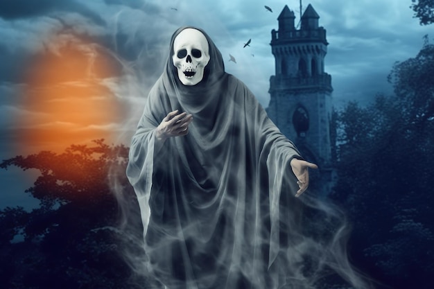 Uma imagem incrível e elegante do fantasma do Dia das Bruxas gerada pela IA.