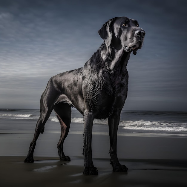 Uma imagem incrivelmente hiperrealista de um Dogue Alemão em uma praia arejada, sua forma e bico majestosos