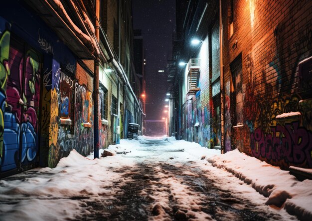 Foto uma imagem inspirada na arte de rua de um beco coberto de neve capturada de um ângulo baixo para mostrar a visão