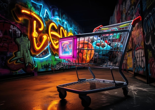 Uma imagem inspirada na arte de rua de um carrinho de compras da Black Friday adornado com grafites e m vibrantes