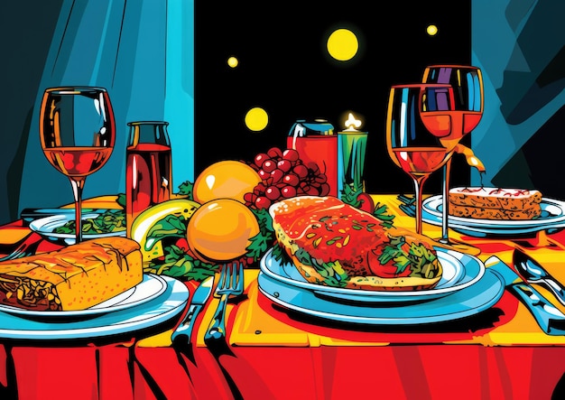 Foto uma imagem inspirada na pop art de uma mesa de jantar de natal com cores ousadas e vibrantes que exalam energia