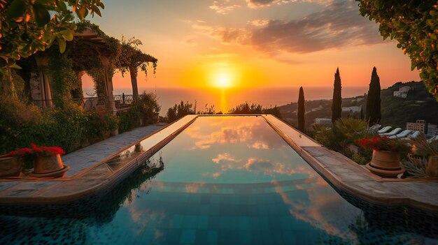 Uma imagem inspiradora da piscina infinita de uma villa mediterrânea em um cenário de um pôr do sol ardente sobre o mar