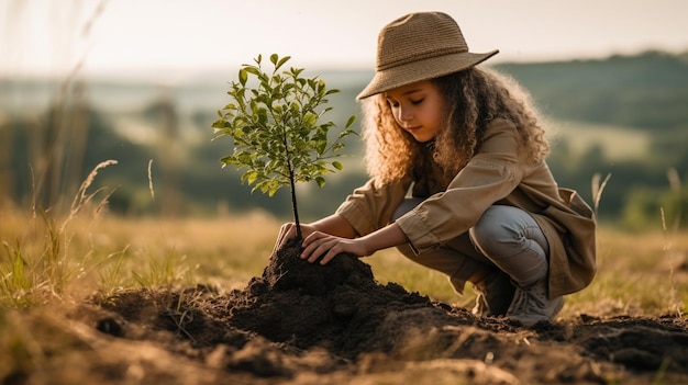 Foto uma imagem inspiradora de um jovem ativista ambiental plantando uma árvore representando o compromisso de