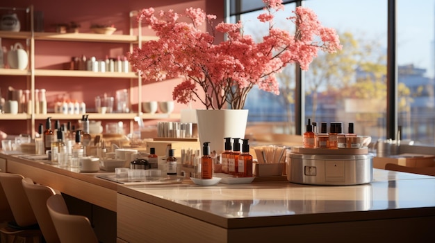 Foto uma imagem interior da loja muji com uma árvore de cerejeira em flor