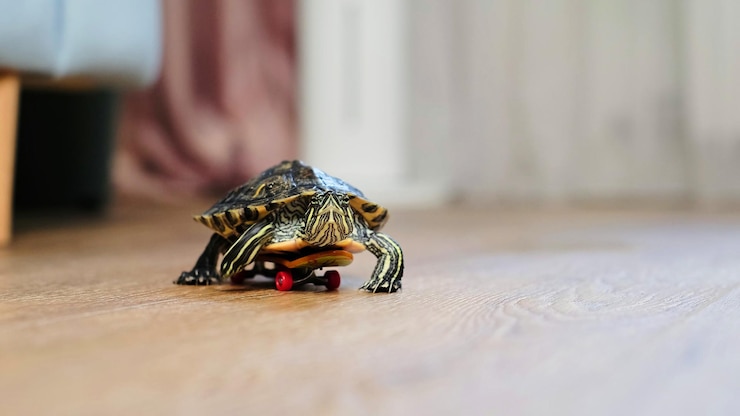 Foto uma imagem lúdica de uma tartaruga montando um skate em miniatura em um chão de madeira esta foto captura