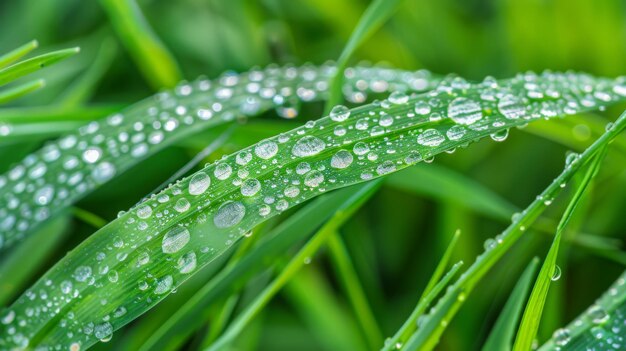 Foto uma imagem macro de gotas de água formando padrões intrincados em uma folha de grama capturando o delicado equilíbrio da natureza em uma manhã de orvalho