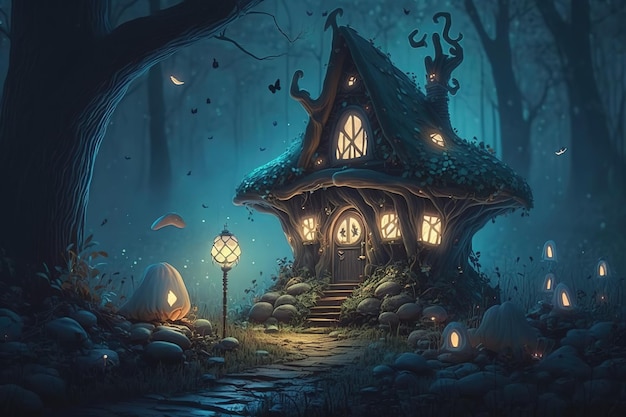 Uma imagem mágica da casa de uma bruxa feita de madeira escura com cogumelos brilhantes uma floresta noturnaGenerative AI