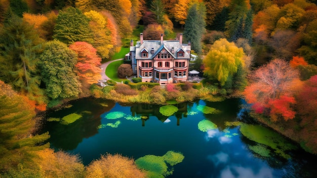 Uma imagem magnífica de uma luxuosa mansão à beira do lago envolta por jardins exuberantes, proporcionando uma fuga tranquila para um luxuoso retiro de verão