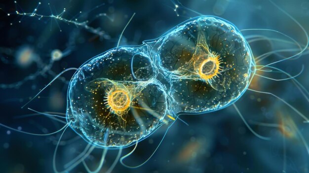 Foto uma imagem microscópica de um ciliado submetendo-se a fissão binária dividindo-se em duas filhas idênticas