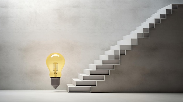 Uma imagem minimalista e moderna de uma lâmpada flutuante lançando um brilho quente em uma escada