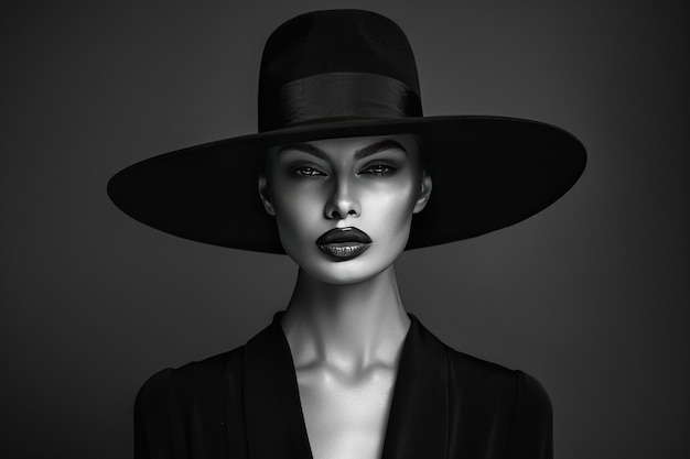 Uma imagem monocromática de uma modelo de moda em trajes pretos sofisticados com um chapéu de borda larga