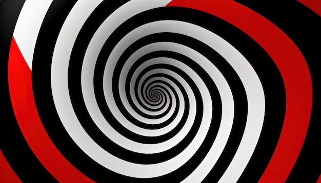 uma imagem mostra uma espiral preta e branca com um centro vermelho no estilo do surrealismo psicodélico