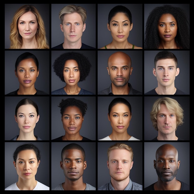Foto uma imagem mostrando a grade dos rostos de muitas pessoas diferentes de diferentes etnias