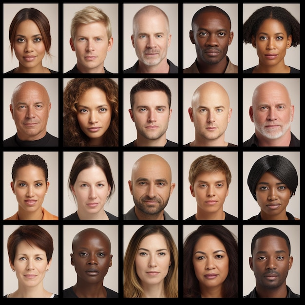 Uma imagem mostrando a grade dos rostos de muitas pessoas diferentes de diferentes etnias
