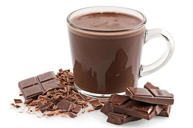 Uma imagem mostrando o delicioso aroma de chocolate quente em xícara com algumas migalhas de chocolate ao redor