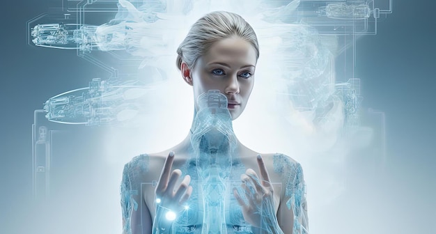 uma imagem muito tecnológica de uma mulher com imagens do corpo humano e logotipos médicos