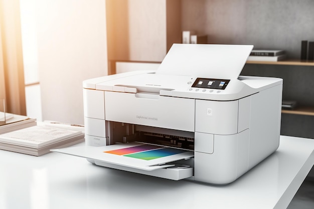 Uma imagem nítida e organizada de uma impressora minimalista com linhas limpas e funcionalidade eficiente