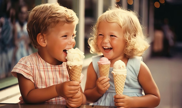 Uma imagem nostálgica evocando memórias de amigos compartilhando cones de sorvete em dias quentes de verão