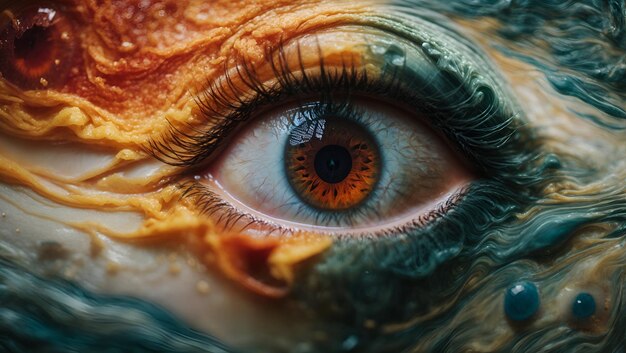 Uma imagem onírica de um olho humano com um redemoinho de tinta 3D ao seu redor