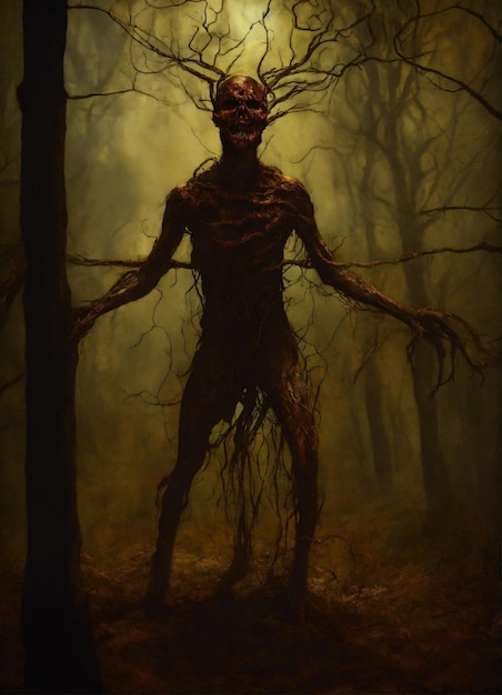 Uma imagem perturbadora de uma entidade horrível em tela escura de membros torcidos