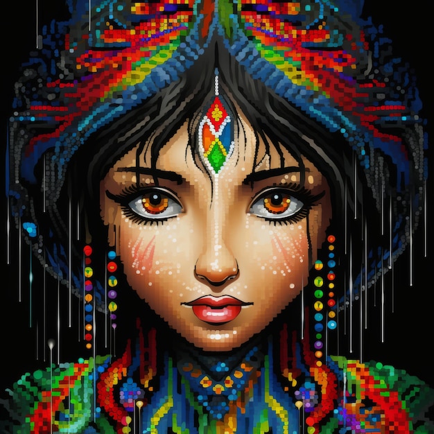 uma imagem pixel art de uma mulher com um cocar colorido