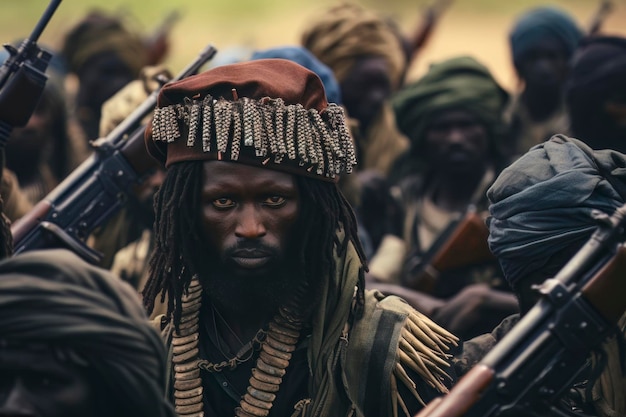 Uma imagem poderosa capturando a intensidade dos guerrilheiros armados congoleses impulsionados pela determinação e raiva