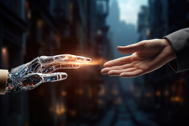 Uma imagem poderosa de duas mãos se estendendo para se tocar em meio à movimentada paisagem urbana A tecnologia encontra o cenário da humanidade uma mão humana moderna pegando uma mão robótica Gerada por IA