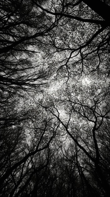 Uma imagem preto e branco de uma floresta com árvores e céu