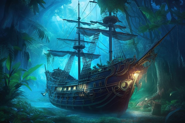 uma imagem representando um navio cheio de piratas navegando no meio de uma floresta