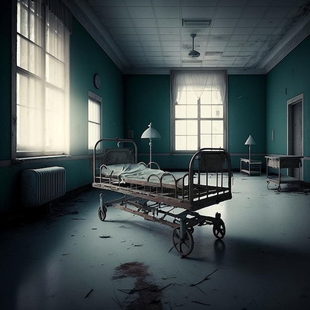 Uma imagem representando uma cama de hospital desocupada ou sem paciente deitado nela AI