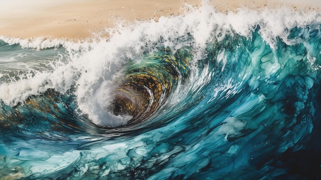 uma imagem representando uma grande onda quebrando na costa