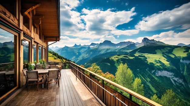 Uma imagem requintada de um terraço de chalé sofisticado que oferece vistas panorâmicas de tirar o fôlego e um refúgio elegante para uma luxuosa escapadela de verão