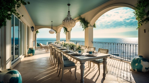 Uma imagem requintada de uma sofisticada área de jantar no terraço, proporcionando um espaço convidativo e luxuoso para desfrutar de uma refeição com uma vista deslumbrante para o mar