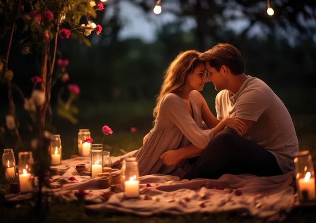 Uma imagem romântica de um piquenique em um jardim à luz de velas com luzes suaves e pétalas de rosa