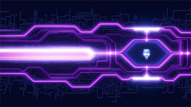 Uma imagem roxa e azul de uma placa de circuito com a palavra robô.