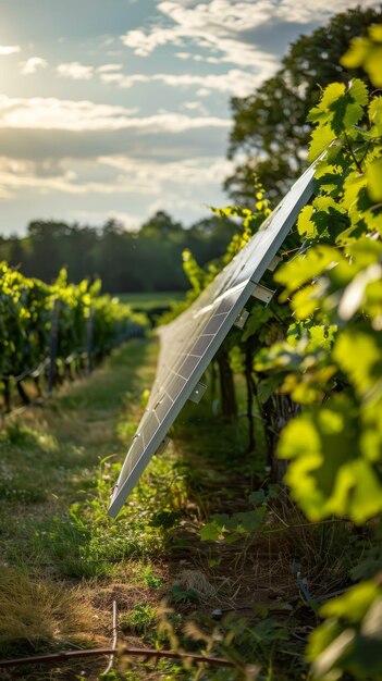 Foto uma imagem serena de uma vinha de campo com painéis solares integrados perfeitamente na paisagem ilustração gerada por ia